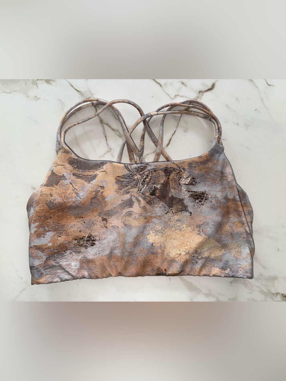 Athleta Strappy Sports Bra M Gray Rose Gold Metallic Print Medium Support